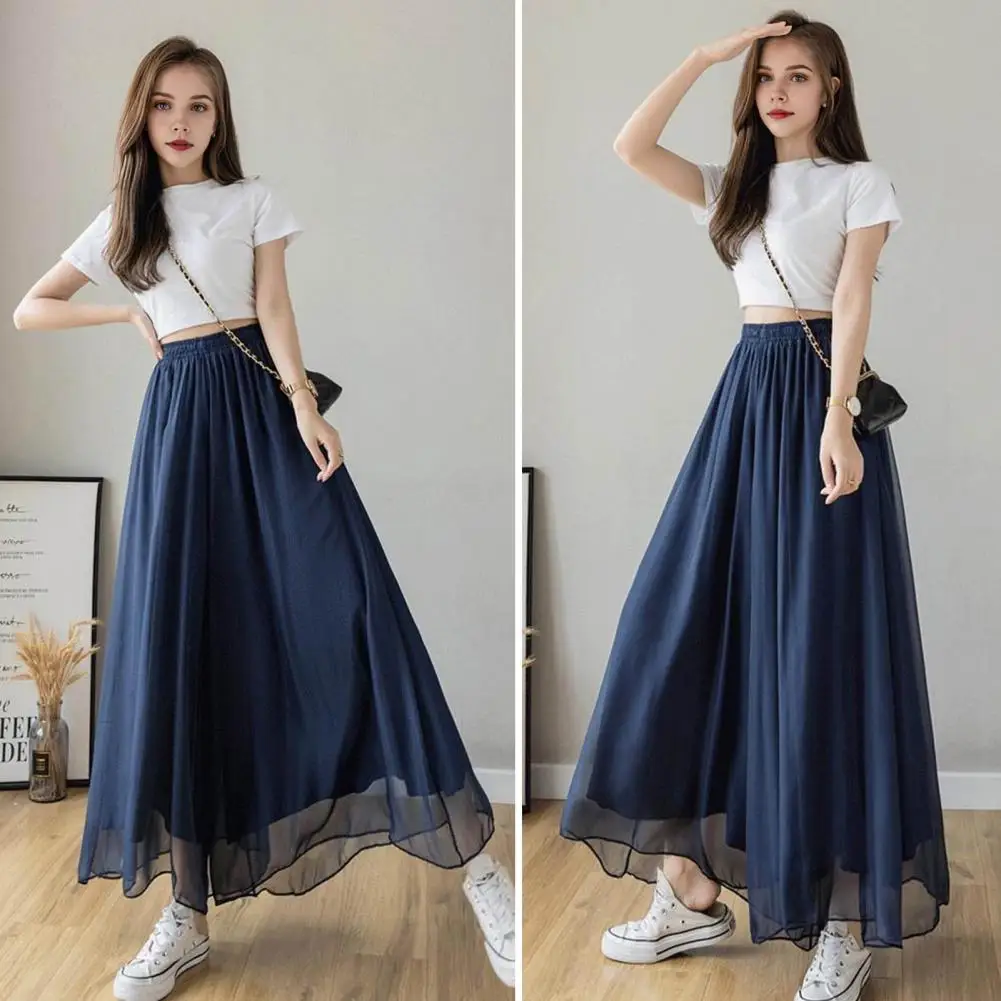 Summer Women Skirt Pants Mesh Gauze Double-Layer Design Elastic Waist Chiffon Long Pants Solid Color Pants