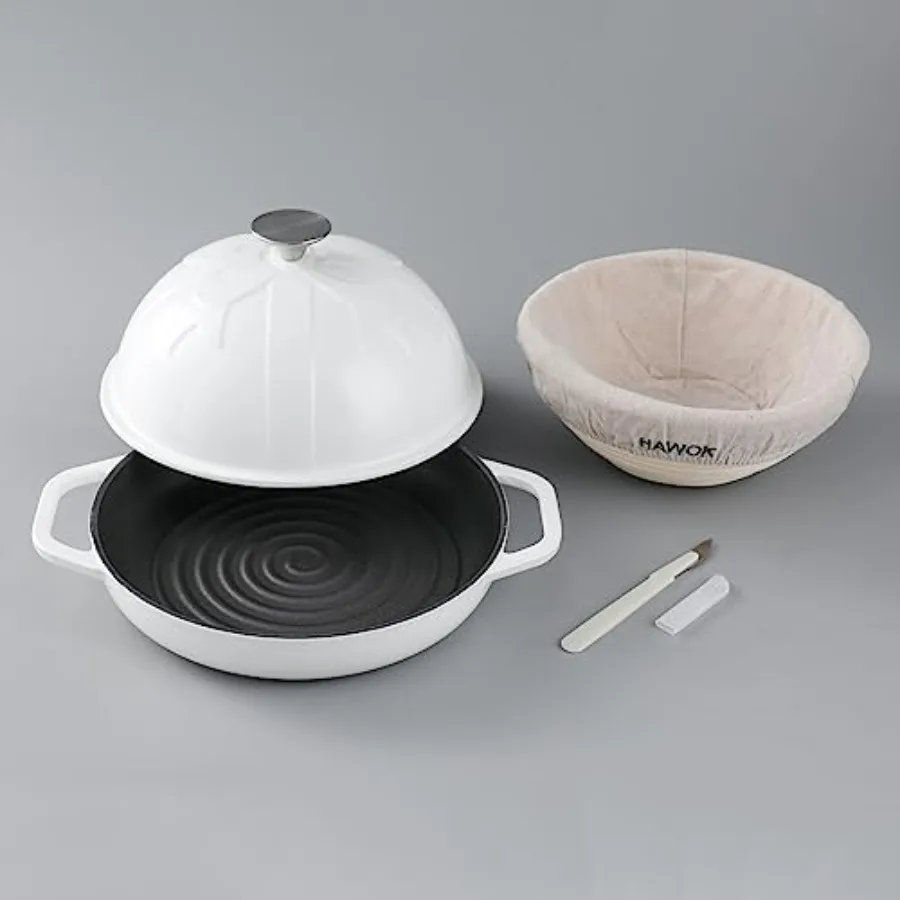 Horno de hierro fundido para pan con tapa tipo cloche (Diámetro) Molde para hornear masa madre de 9.8 pulgadas/25 cm y 1.5 qt con cesta de fermentación y cuchillo para cortar masa