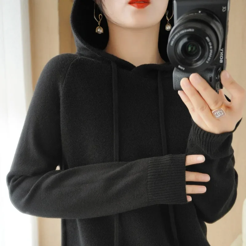 ใหม่ฤดูใบไม้ร่วงฤดูหนาวผู้หญิงเสื้อกันหนาว Cashmere Wool Blend Pullover Hooded COLLAR Coat Casual ถักหนาเสื้อแจ็คเก็ตเสื้อกันหนาว