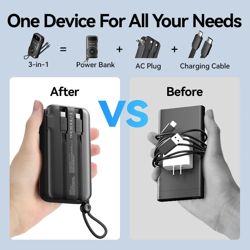 Vention 22.5W 10000mAh Power Bank Magnetic Wireless Fast Charging with Built-in Lightning Type C Cables AC Plug for iPhone 16 15