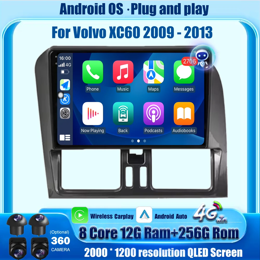 

Беспроводной Carplay для Volvo XC60 2009-2013, LHD Android, автомобильный радиоприемник, GPS, мультимедийный плеер, стерео головное устройство, 9-дюймовый QLED-экран
