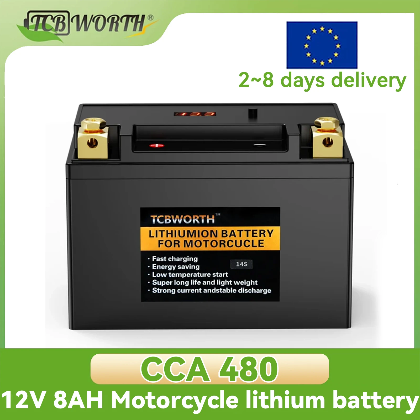 Batteria per moto al litio TCBWORTH 14S LiFePO4 14S 12,8 V 8 Ah 480 CCA per moto, ATV, UTV, Jet Ski, generatore, 4 ruote
