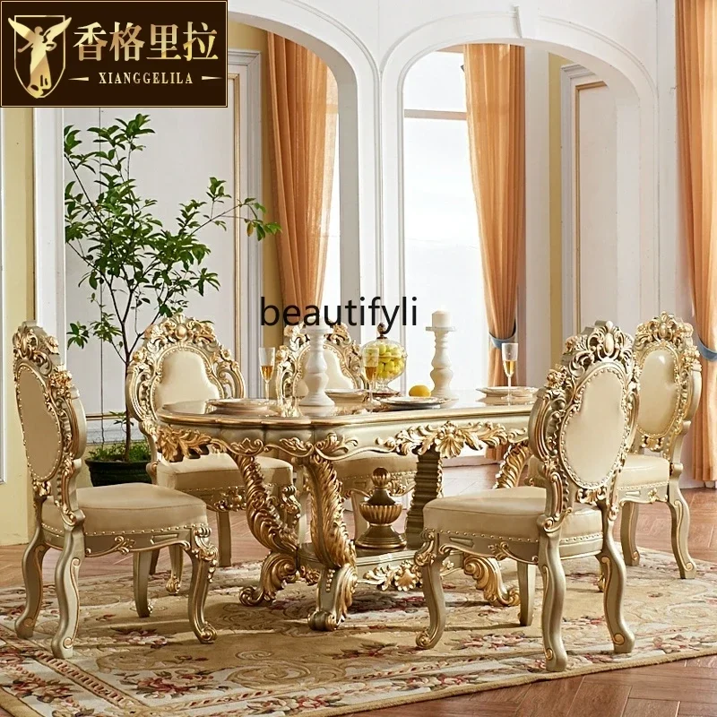 European Dining Table, Rectangular Solid Wood Square Table, Villa High-end Champagne Gold Oval 1.8 Rice Table