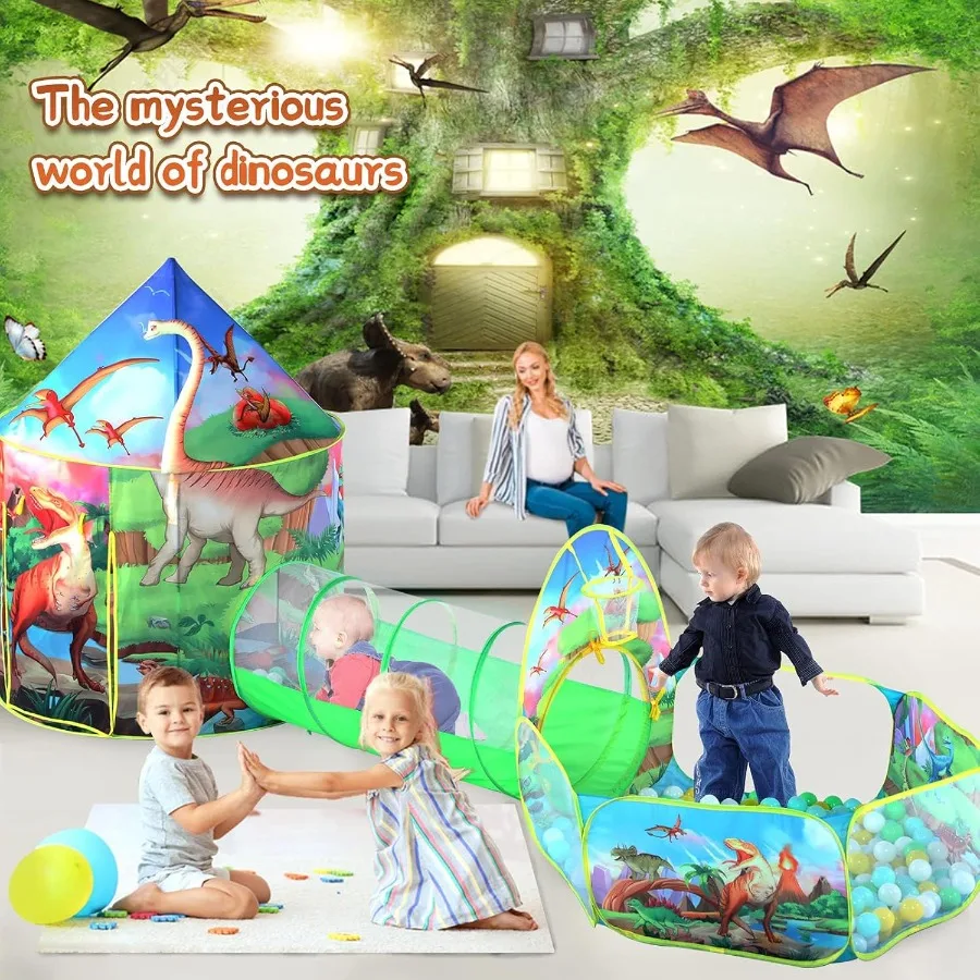 3-teiliges Dinosaurier-Spielzelt für Jungen mit Bällebad, Krabbeltunnel, Spielzelte für Kleinkinder, Baby, Weltraum, Spielhaus, Spielzeug für Jungen, Indoora