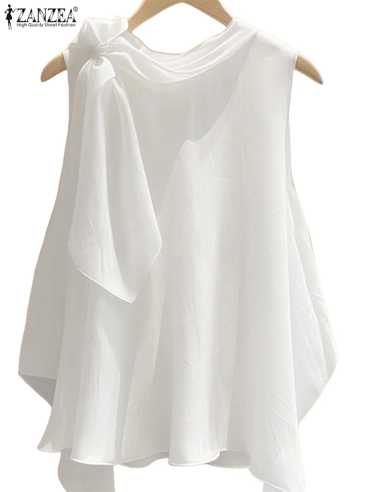 ZANZEA Damskie Koszulki T-shirty Letnie Bluzki 2025 Jednolite Bez Rękawów Modne Asymetryczne Tuniki Codzienne Luźne Szale Dekolt Okrągły Pulowery