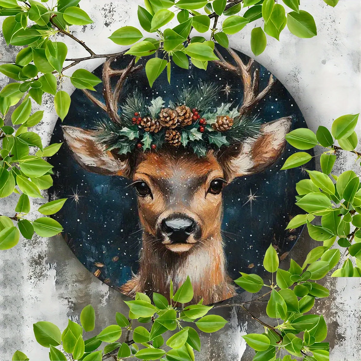 لوحة فنية جدارية معدنية لعيد الميلاد الرنة العتيقة - لافتة قصدير مستديرة مقاس 8 × 8 بوصة مع تصميم هولي وسماء مرصعة بالنجوم احتفالية، مثالية للحانات، Ca