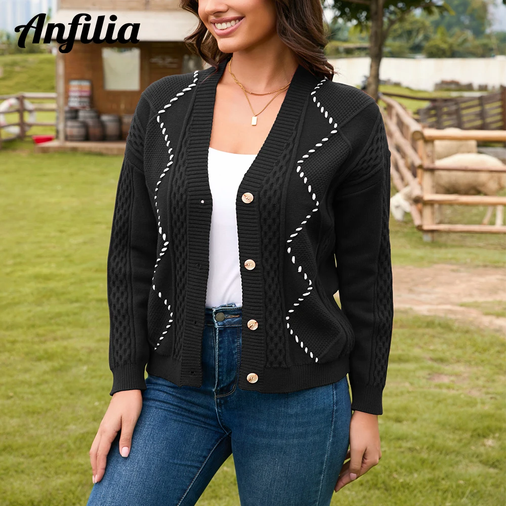 Anfilia Women Knitted Cardigan V-Neck With Button Slim Fit Comfortable Sweater For Fall & Winter