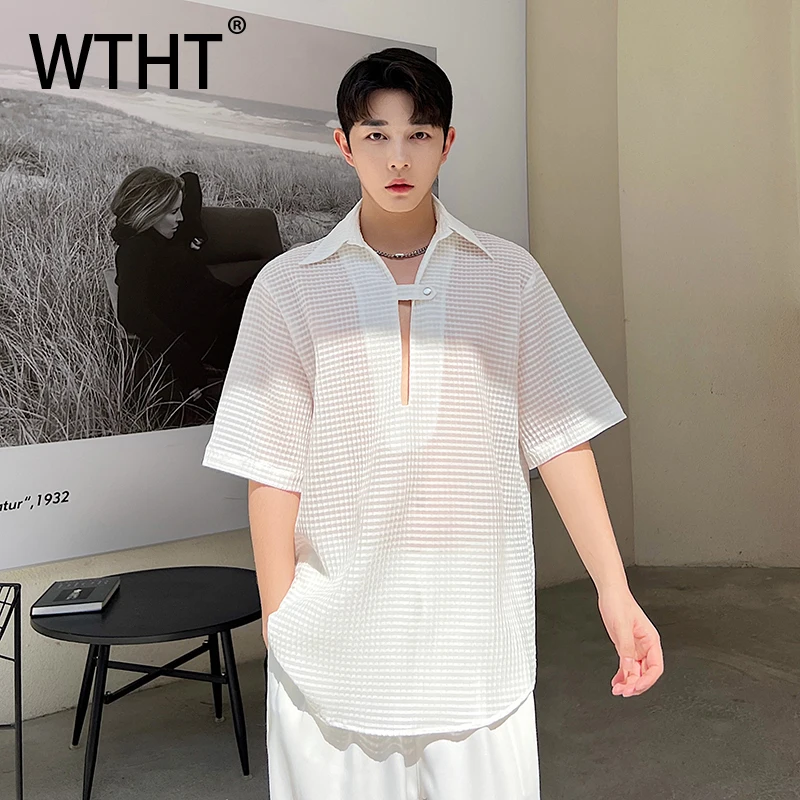 

WTHT Trendy 2025 Summer Men's Solid Color Plaid Button T-shirts Fashion New Short Sleeves Turn Down Collar Tops Male 2A1349