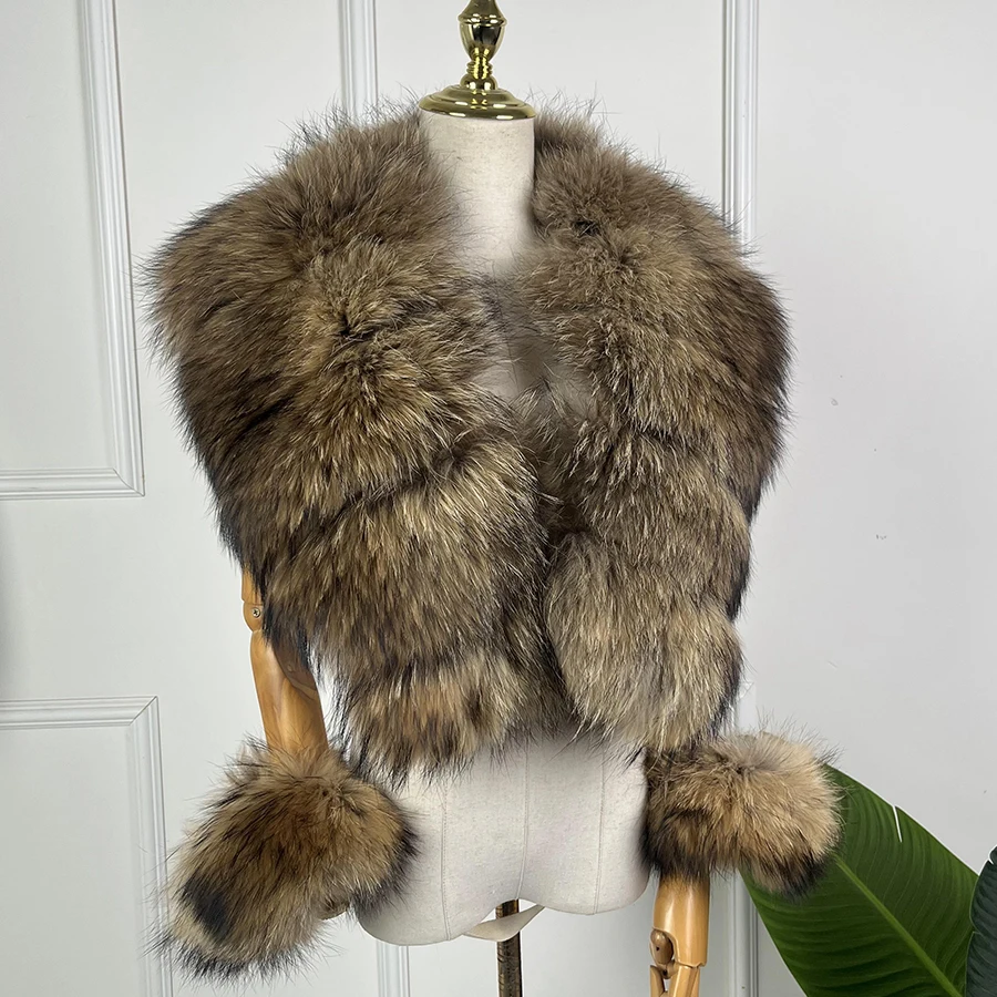 Natural Raccoon Fur Collar Cuffs For Women Coat Detachable Fur Sleeves Wrist Cuffs Best Selling Styles Furry Shwal Neck Warmer