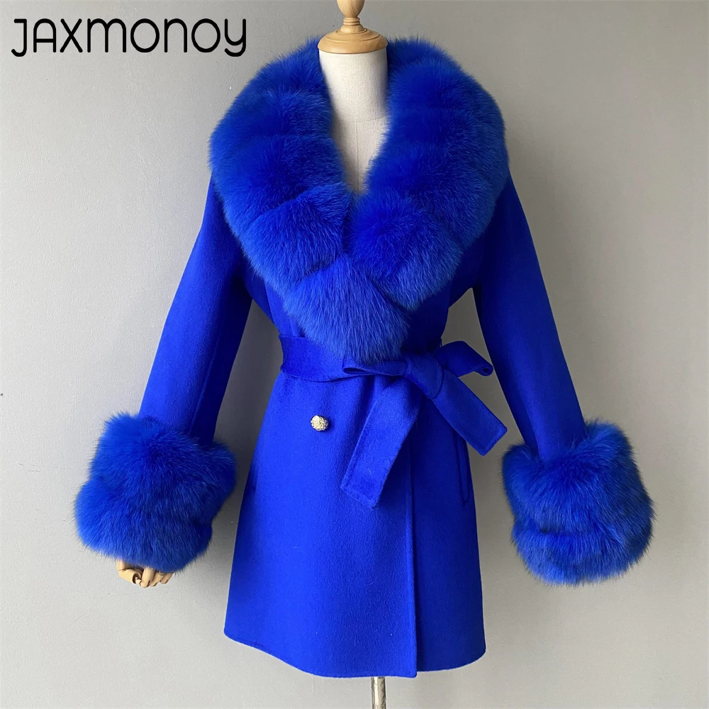 Imagem -03 - Jaxmonoy-cabolsa de Caxemira Feminino com Pele de Raposa Real Cabolsa de lã de Comprimento Médio Jaqueta Trespassado Moda Outono e Inverno Nova Chegada