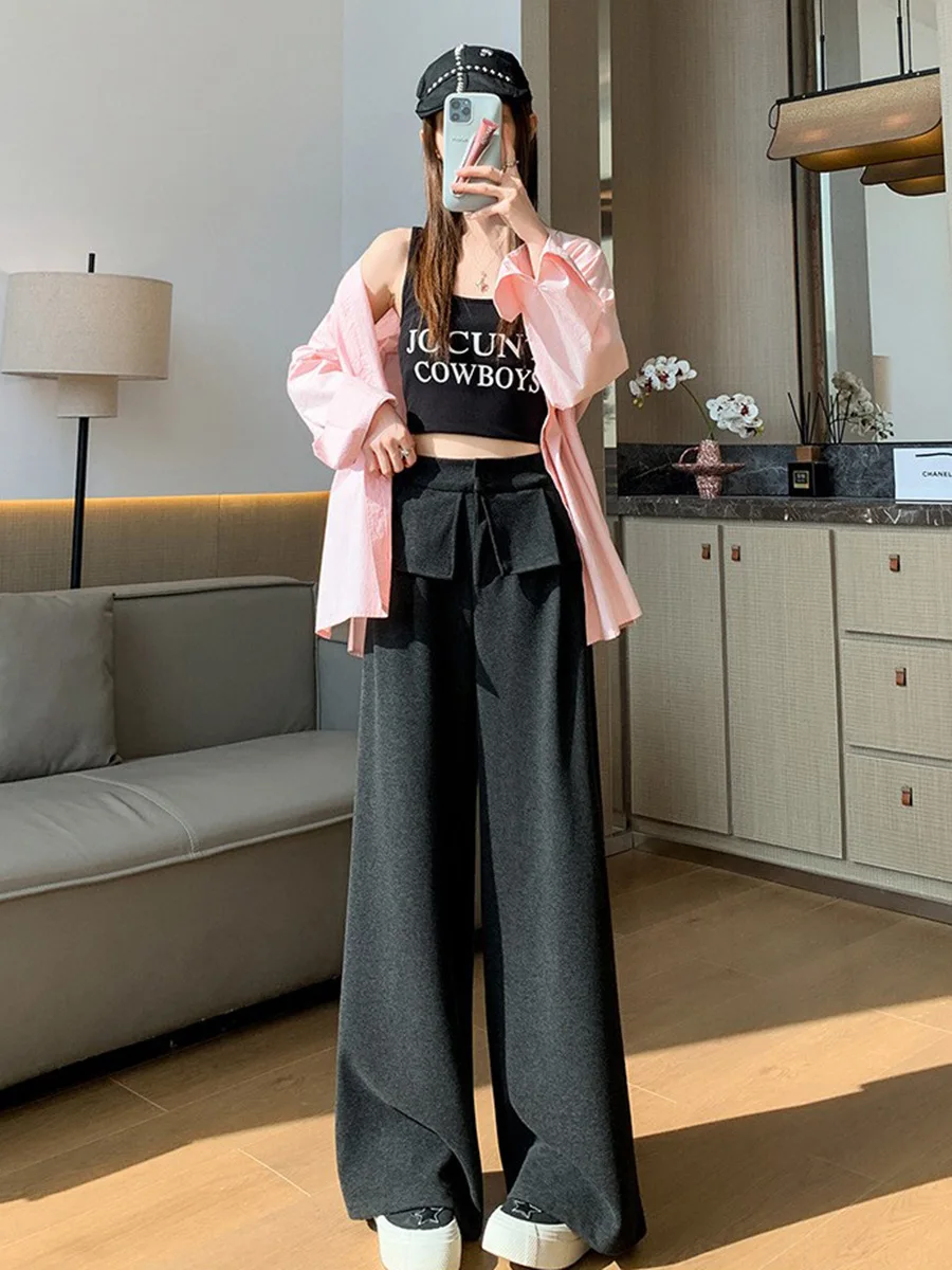 

Casual Patchwork Fake Hem Grey Wide Leg Pants Women Spring Elastic Waist Straight Floor-length Sports Pants Chic Street Trousers