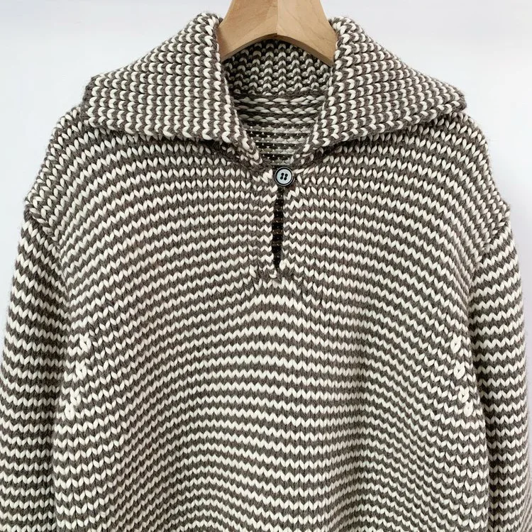 Women's 2026 Autumn Winter New Half Open Button Wavy Striped Knitted Sweater Collar Pullover Sweater
