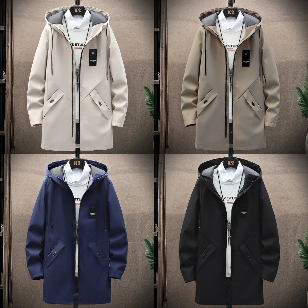 

Mens Hooded Trench Coat Solid Color Zip Up Casual Loose Fashionable High Quality Soft Comfortable