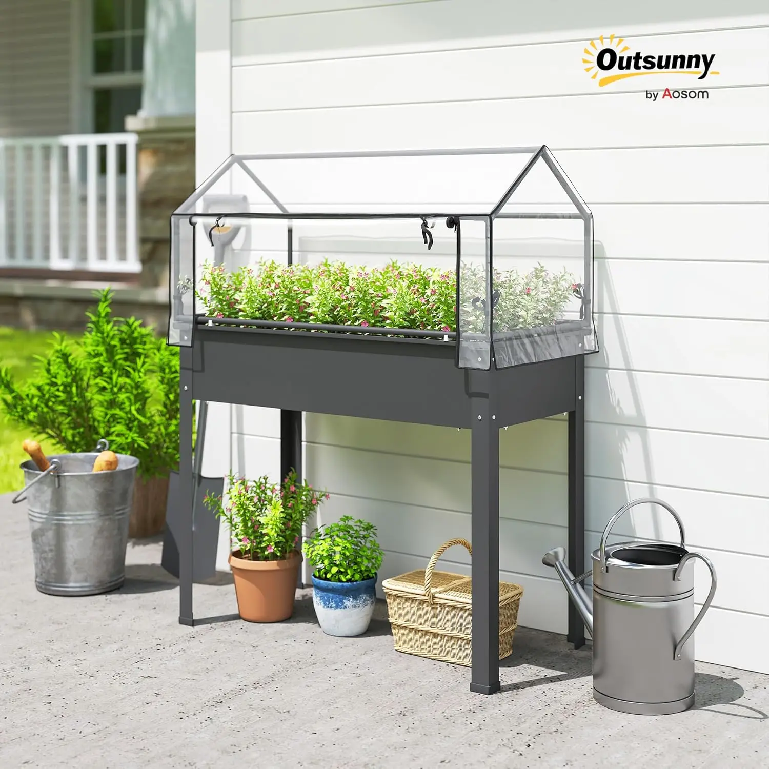 Raised Garden Bed with Greenhouse Cover, Elevated Planter Box with Legs and Drainage Hole for Vegetables Flowers Herbs, 39.4