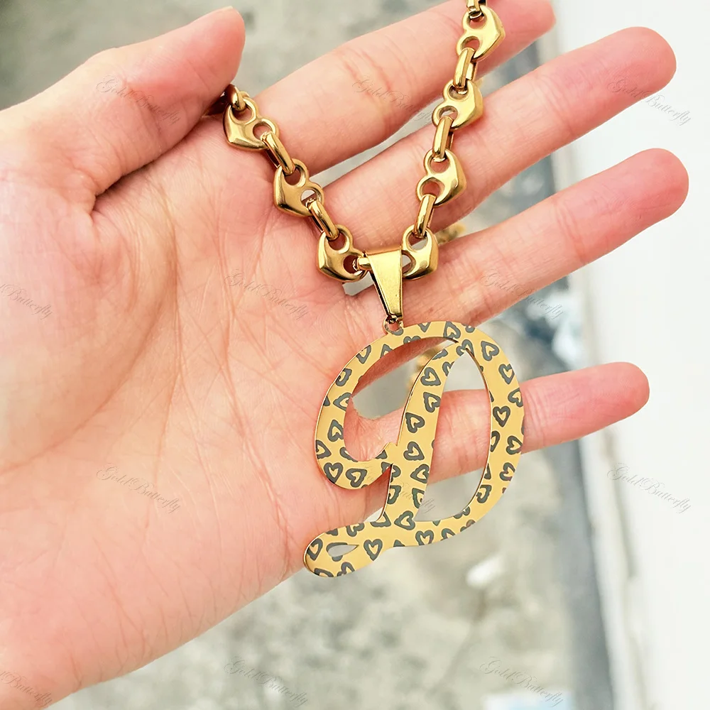 Personalized Name Necklace Black Leopard Initial Pendant Heart Chain Valentines Birthday Gift for Her Romantic Hypoallergenic