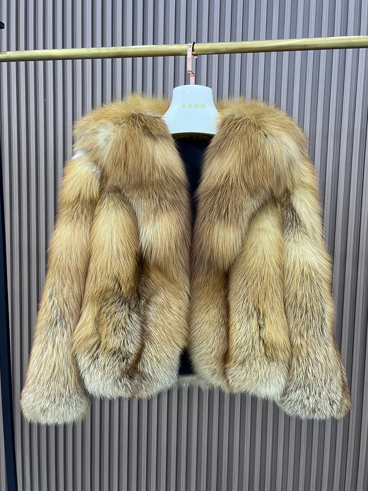 Women New Fashion Real Silver Fox Fur Jacket Full Pelt Fluffy Fur Luxury Natural Red Fox Coats Overcoat Long Sleeve