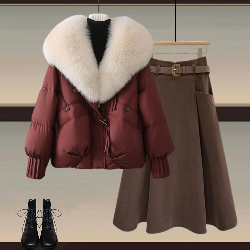 Cappotto e gonna da donna invernale Thiened Set gonna snellente a vita alta Abito lungo a due pezzi con collo in pelliccia sintetica calda