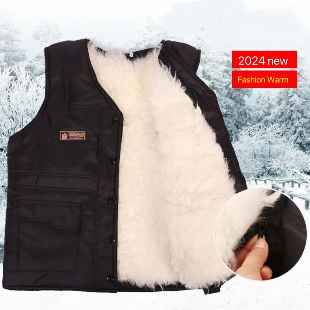 

Cold Autumn Winter Middle-aged Elderly Wool Vest Thicken Warm Genuine Fur Overcoat Fashion Comfortable Dad Father Cotton Outfit