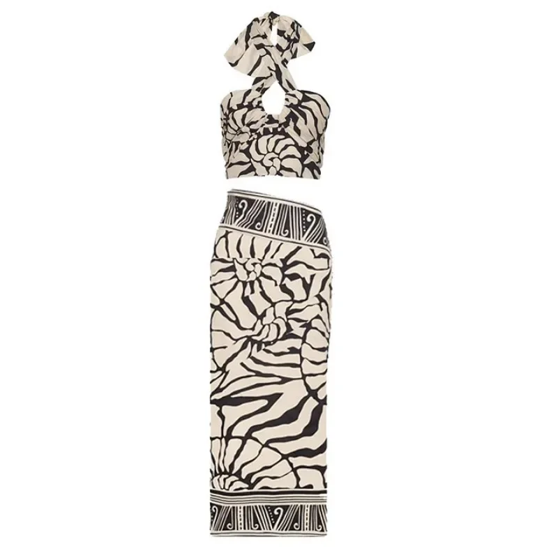 Conjunto de traje de baño estampado de una pieza para mujer, mangas desmontables, cuello colgante, popular, nuevo, 2024
