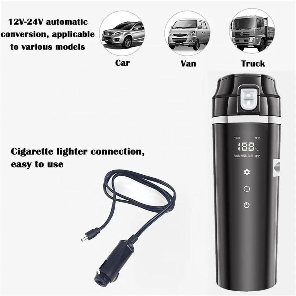 12/24V Car Heating Cup 500Ml Electric Kettle Digital Lcd Display Stainless Steel Water Heater Bottle Travel Coffee Mug Warmer