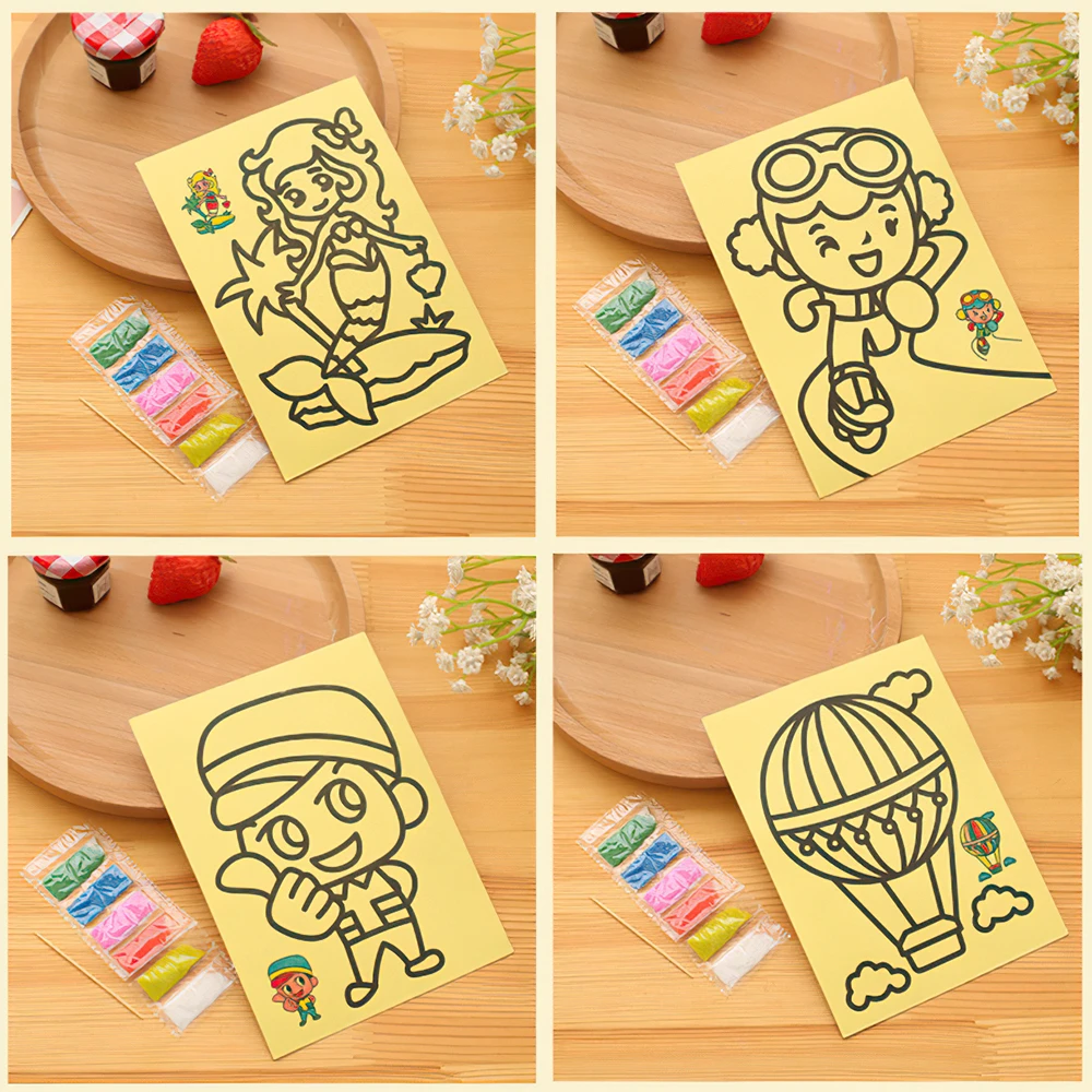 4/8Sets Kinderen Tekenen Zand Schilderij Foto 'S Kid Diy Ambachten Onderwijs Speelgoed Voor Jongens Meisjes Schema Sticker Cartoon Patroon