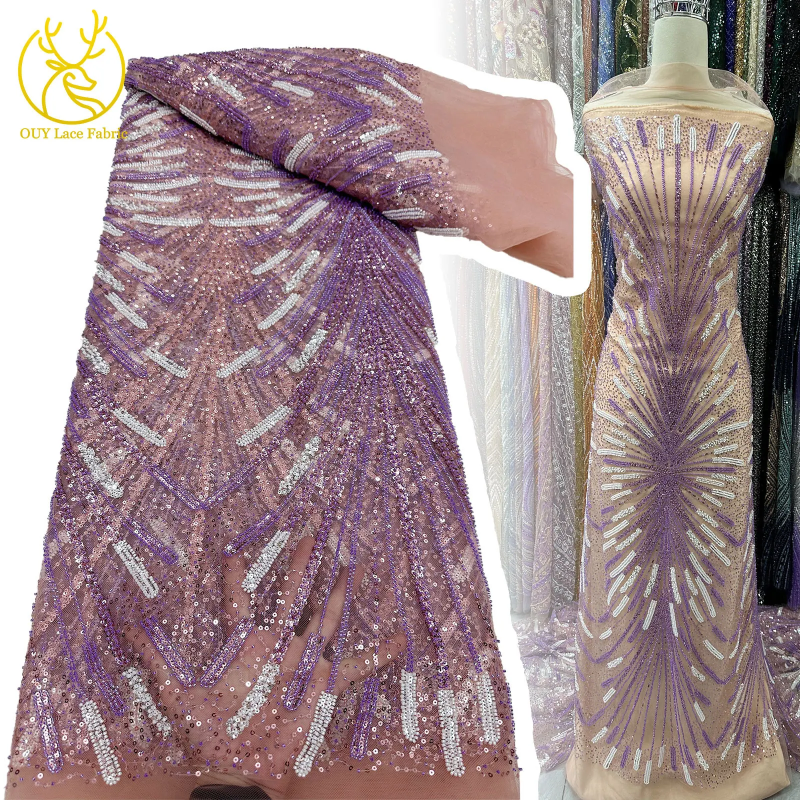 

Fashion African Beaded Lace Fabric Sequins Tulle Mesh Embroidery Lace for Wedding Bridal Fabrics High Quality Laces Dresses