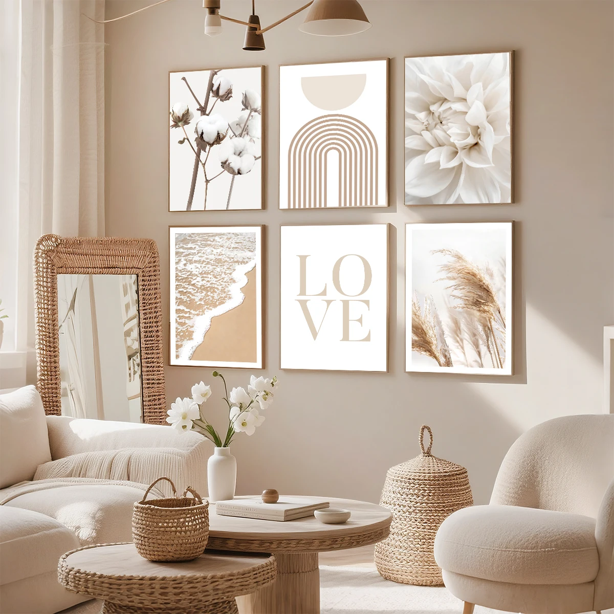 Beige Pastel Quality Wall Art - Beach Print, Pampas Grass, Ocean, Abstract Art - Living Room, Bedroom Wall Decor, Nordic