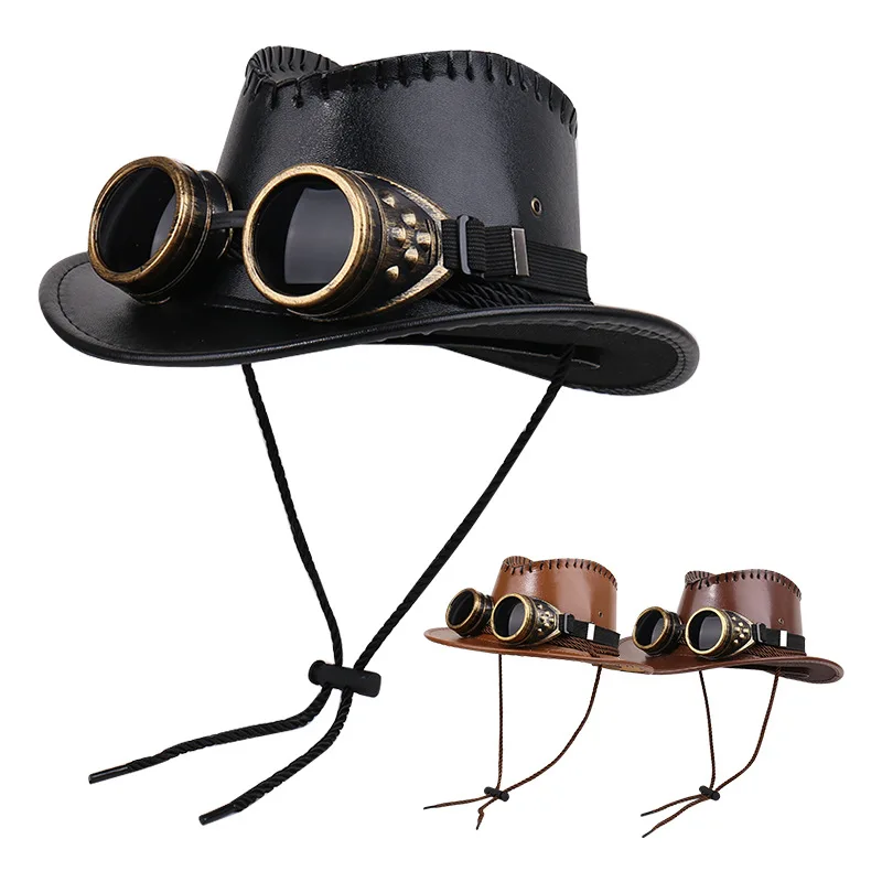 PU Leather Western Cowboy Hat New Men Women Party Fedora Retro Punk with Goggles UV Protection Sun Shade Jazz Cap Costume