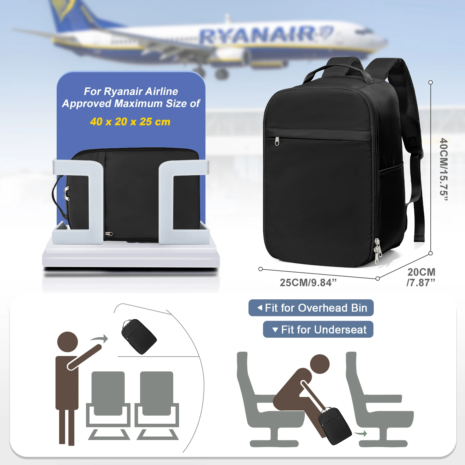 Fits most airlines Personal ltem Standards Cabin Airplane 40x20x25 Travel Backpack，Travel Laptop Bag 40x30x20 Anti-theft Luggage