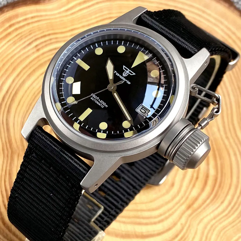 36mm Miyota 8215/Asia 2824 Vintage Automatic Watch Men Arched Domed Sapphire Nylon Strap Big Screw Crown SandBlast Case Tandorio