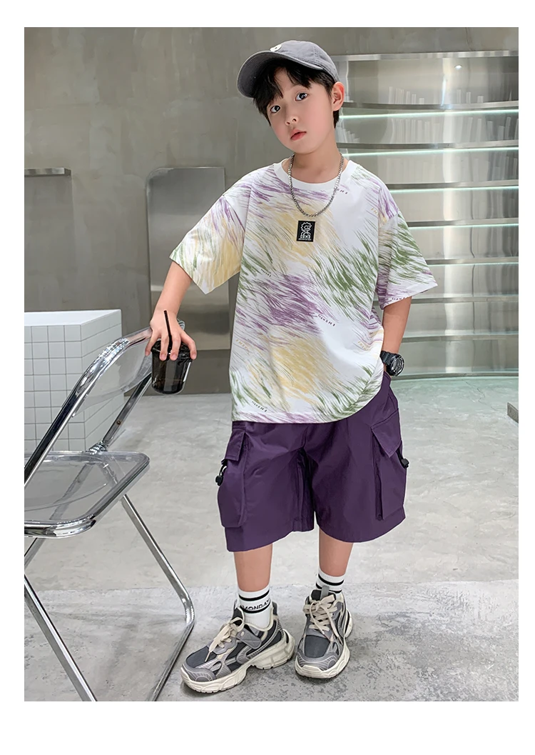 2-teiliges Set für Jungen im Alter von 5-14 Jahren, Teenager-Kinderbekleidung, neuer Sommeranzug für Kinder, Kurzarm-T-Shirt + Shorts, lässiges Street-Outfit. – Detail 3