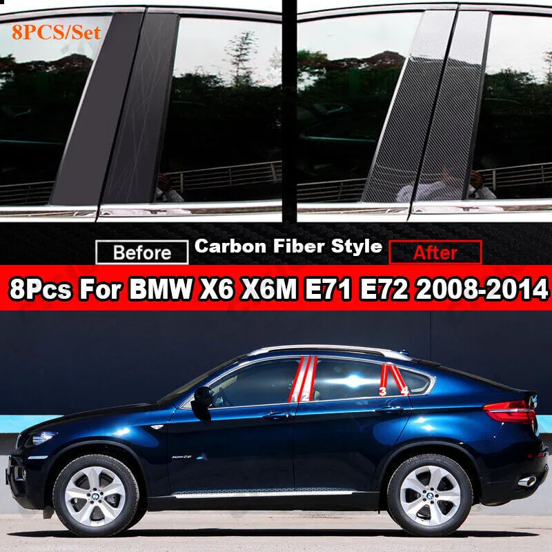 

8X Carbon Fiber Window Door Pillar Post Cover For BMW X6 X6M E71 E72 2008-2014