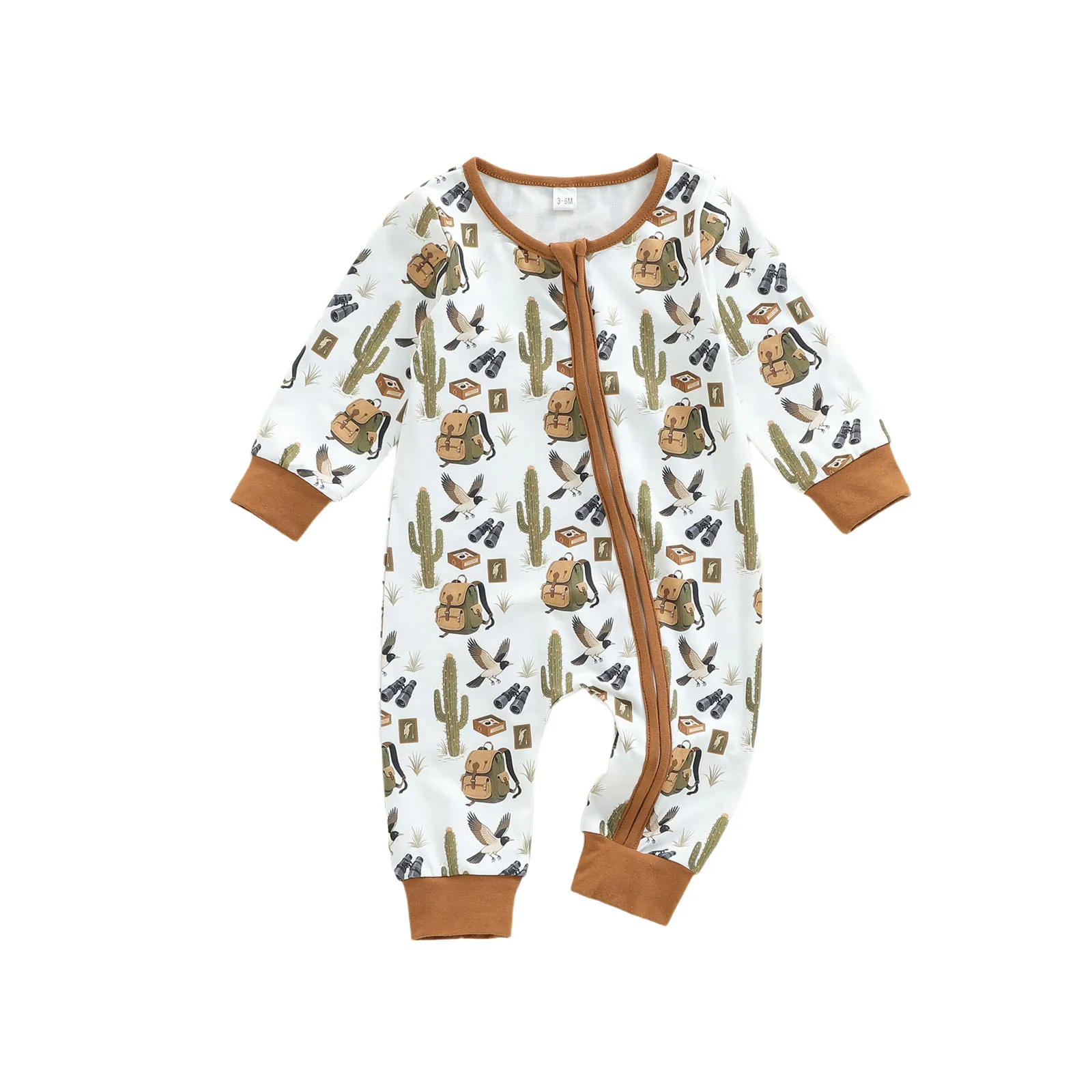 

Baby Boy Fall Romper Fashionable Cactus Animal Print Long Sleeve Round Neck Zip Up Full Length Jumpsuit