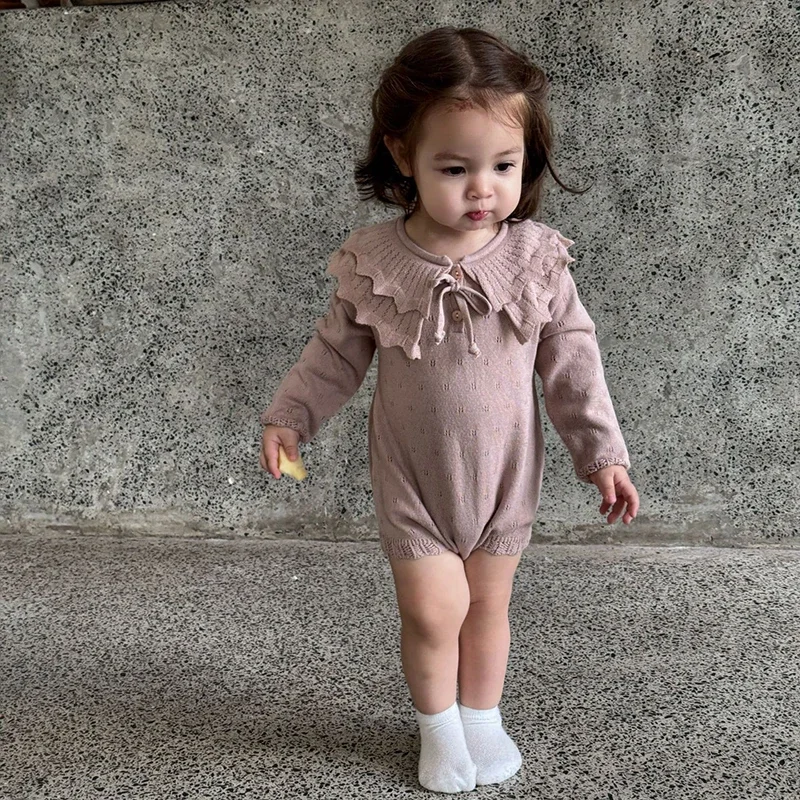 

2025 Baby Girl Autumn Clothes 0-2Yrs Knitting Newborn Jumpsuit Cute Vintage Ruffled Collar Sweater Romper Casual Newborn Outfits
