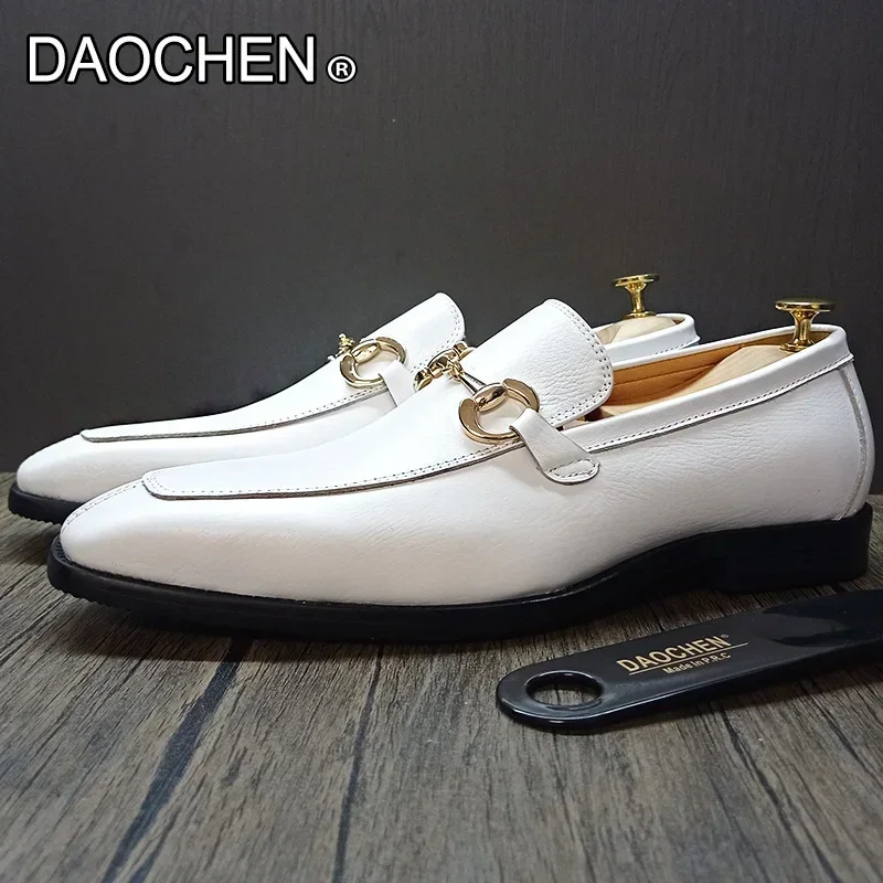 LUXURY BRAND MEN LEATHER SHOES BLACK WHITE MEN DRESS CASUAL SHOES SLIP ON WEDDING OFFICE SUMMER HORSEBIT LOAFERS FOR MEN