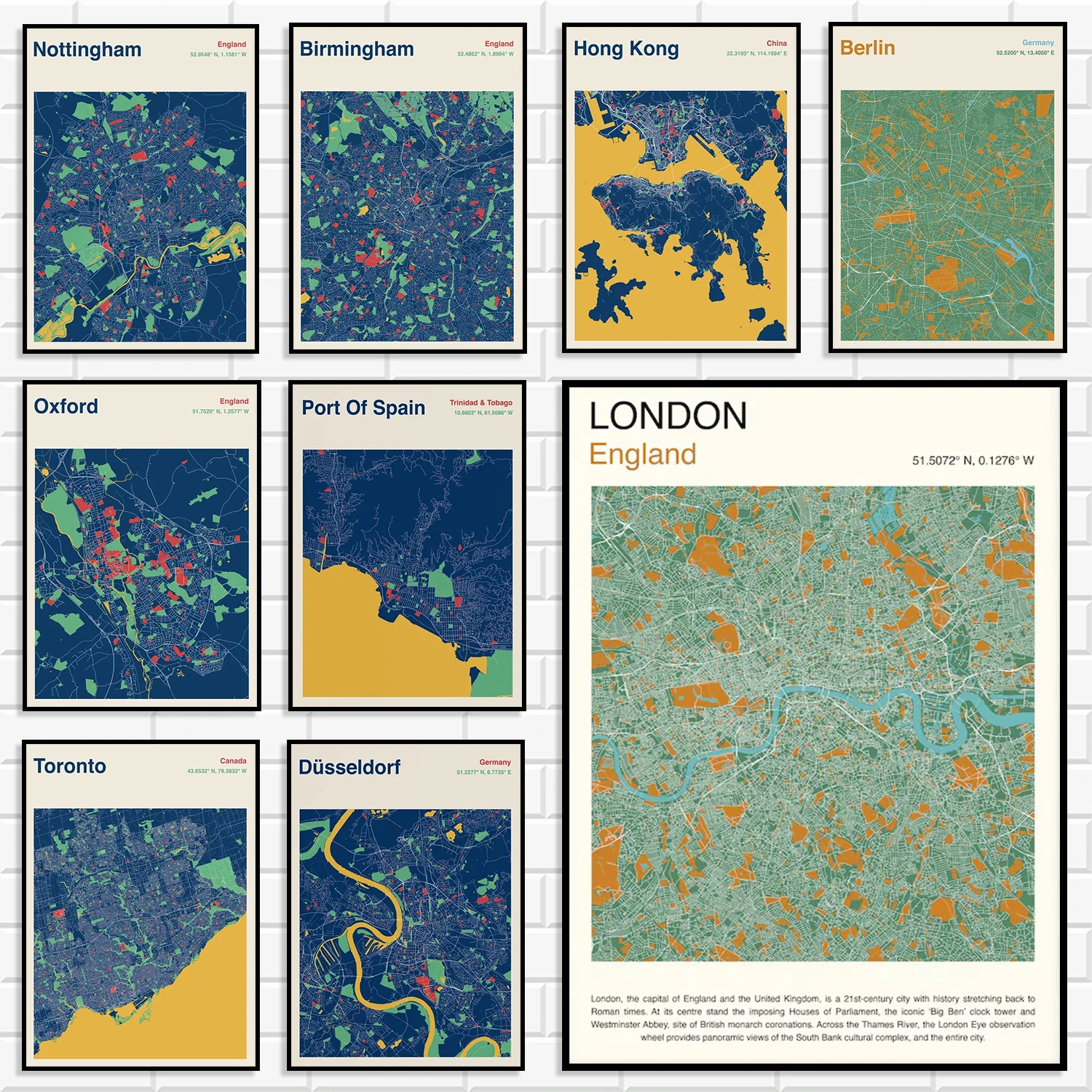 Vintage Color City Map Canvas Wall Art London Toronto City Street Map Prints Geographic Map Poster for Travel Lover Home Decor