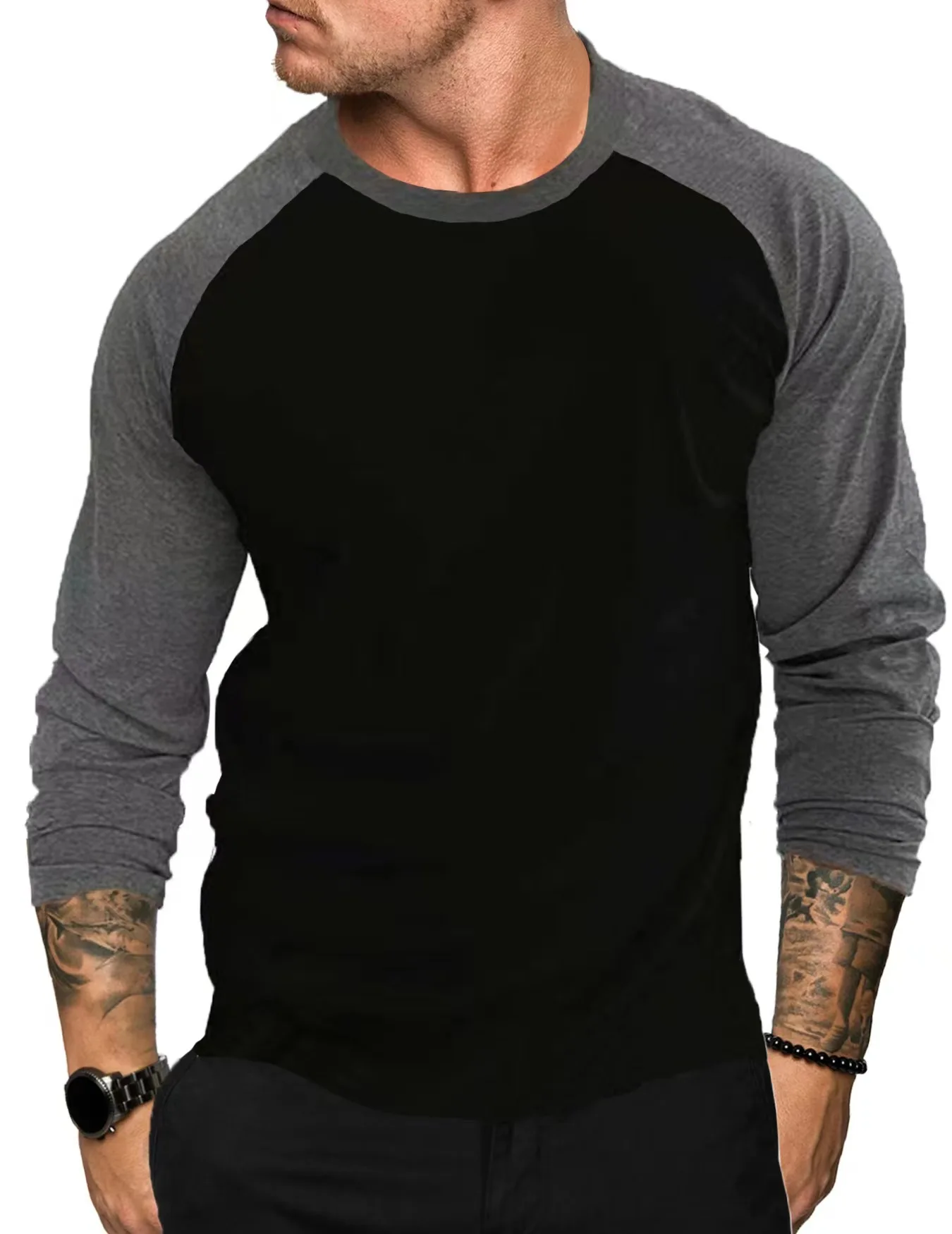 2024 New Long Sleeve Round Neck T-shirt Loose Breathable Tight Bottom Shirt Men\'s Casual Jumping Shoulder Sleeve Top