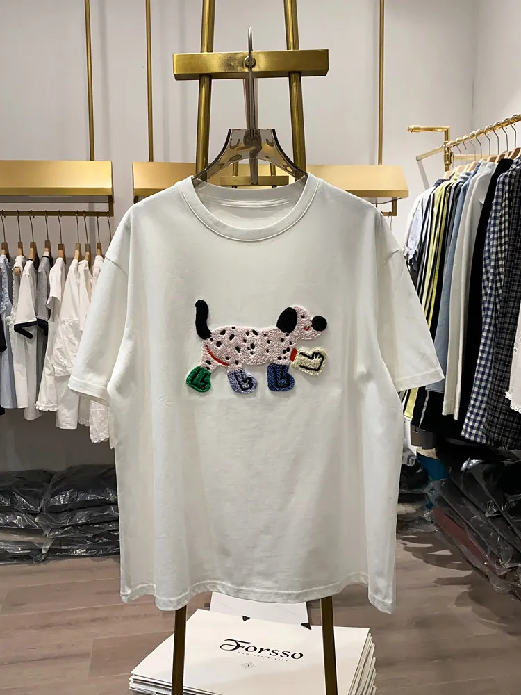 Women's T-Shirt Loose Street Style Unisex Fun Embroidered Puppy Crew Neck Short Sleeve Casual Top