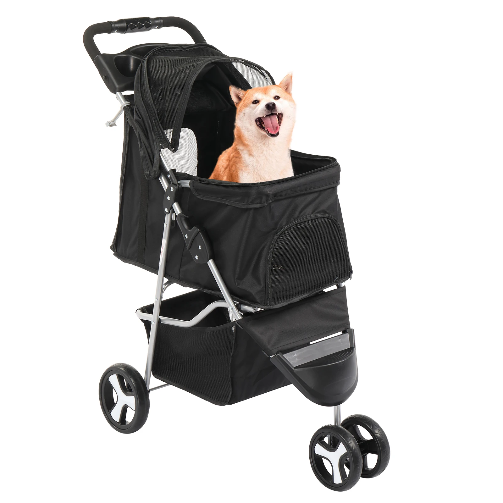 3 Wheels Pet Stroller, Dog Cat Cage Jogger for Med/Small Pets, Foldable & Waterproof Travel Carrier with Cup Holder.