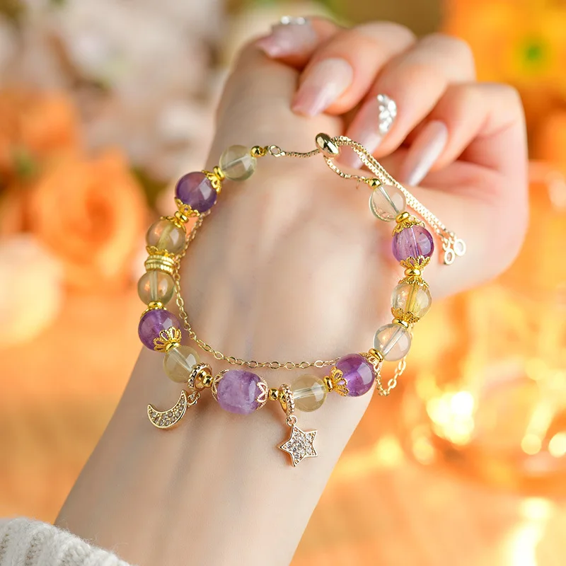 Natural Crystal Twelve Constellation Original Lucky Amulet Bracelet Fresh Fashion Round Bead Hand String Adjustment for Women‘s