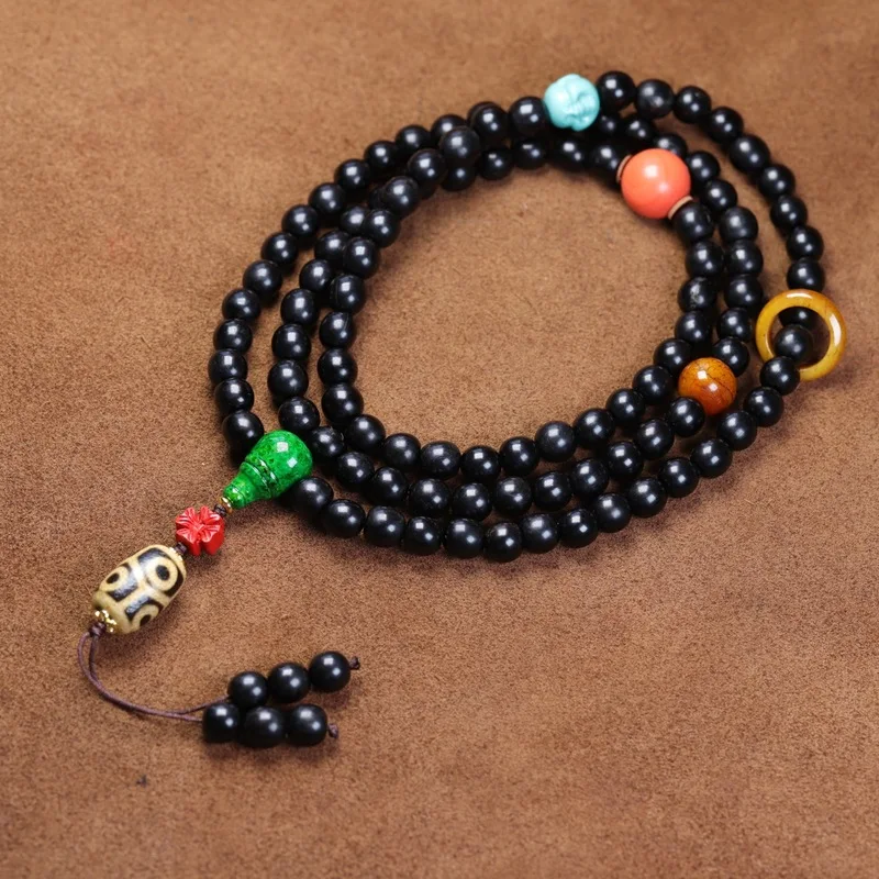 Natural black multi-strand bracelet 108 round sheep horn DIY Buddhist prayer beads paired with a Dzi bea