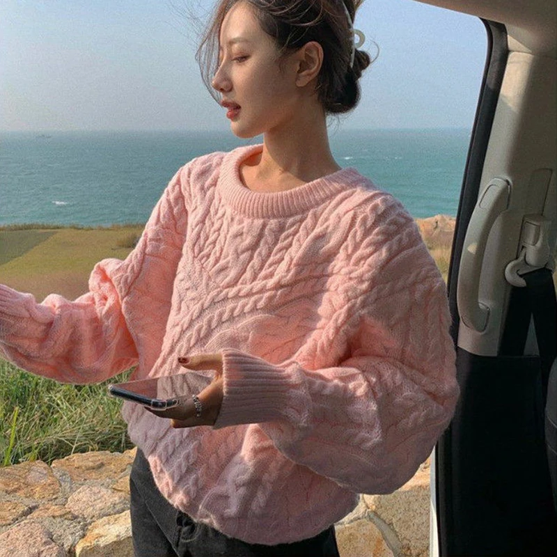 Jersey de estilo perezoso para mujer, Tops Vintage de punto, holgados y acogedores, color rosa, otoño e invierno, 2023