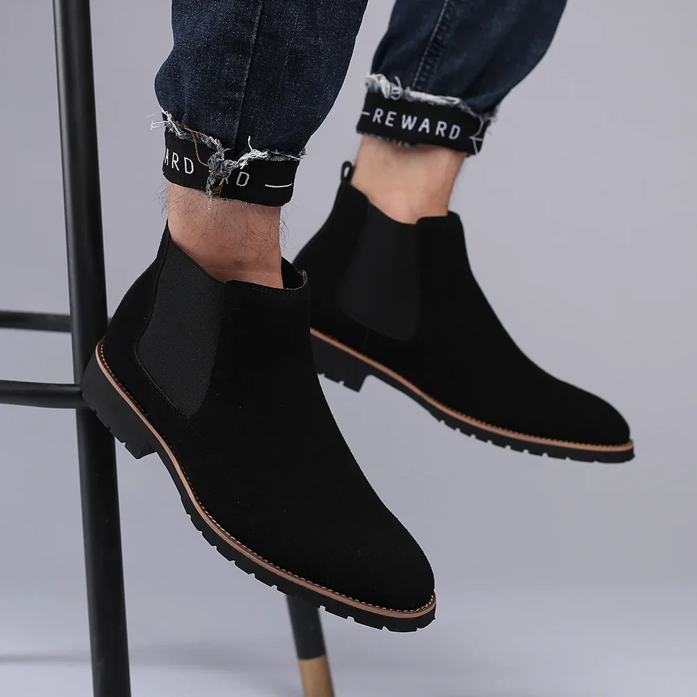 Suede Chelsea Boots Men Dress Ankle Knight Boots Man Black Half Shoe Slip on Simple Business Shoe Formal Leather Botas De Hombre