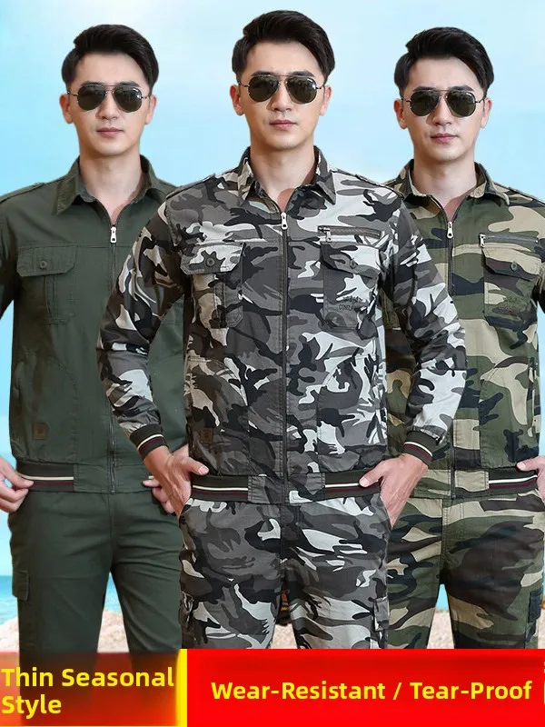 

Summer Work Uniform Set Men's Thin Long Sleeve Camouflage Pure Cotton Wear Resistant Anti-Heat Welding Overalls