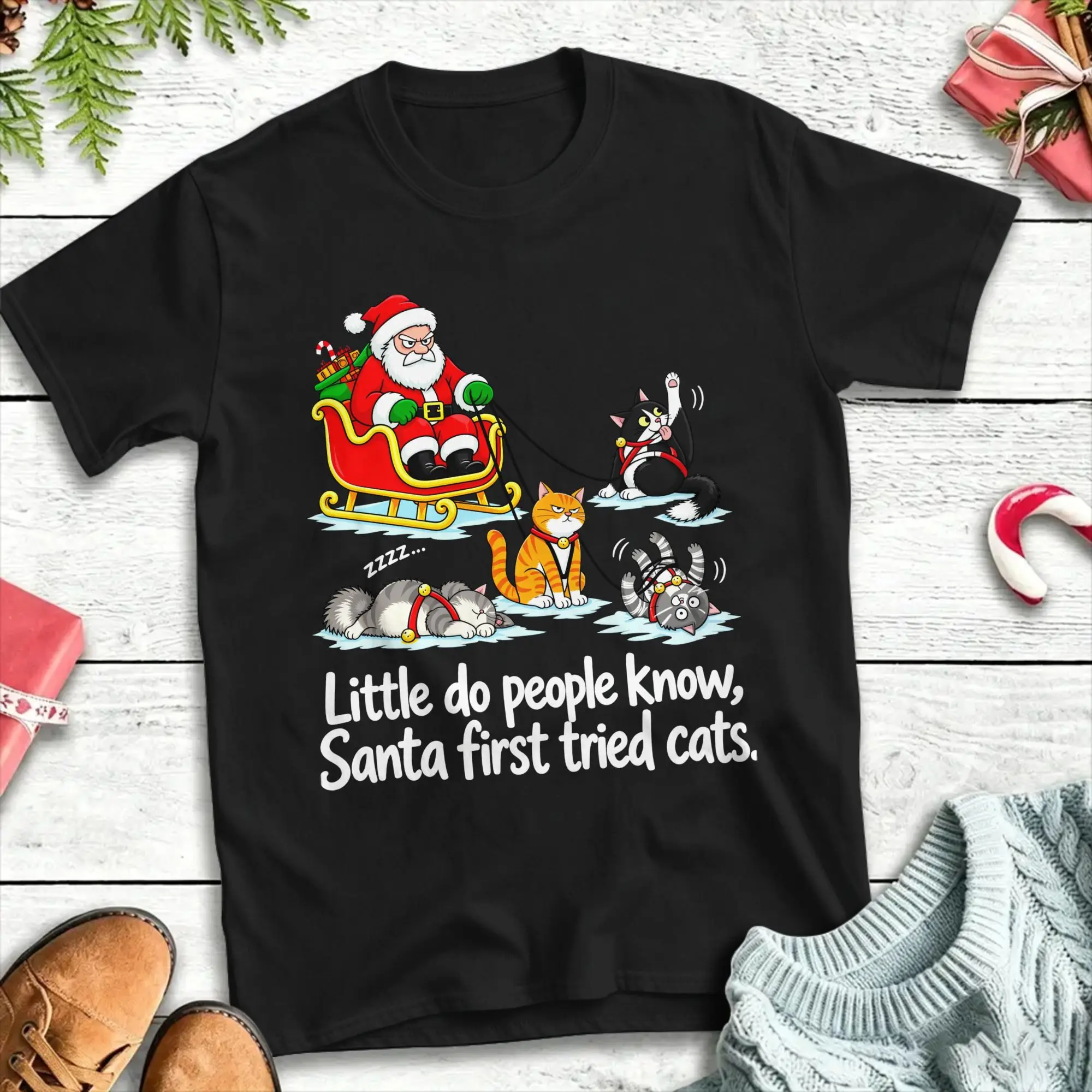 Little Do People Know Santa First Tried Cats T-Shirt Summer  Harajuku T-Shirts Cotton Oversize Tees Short Sleeve Y2K Basic Tops