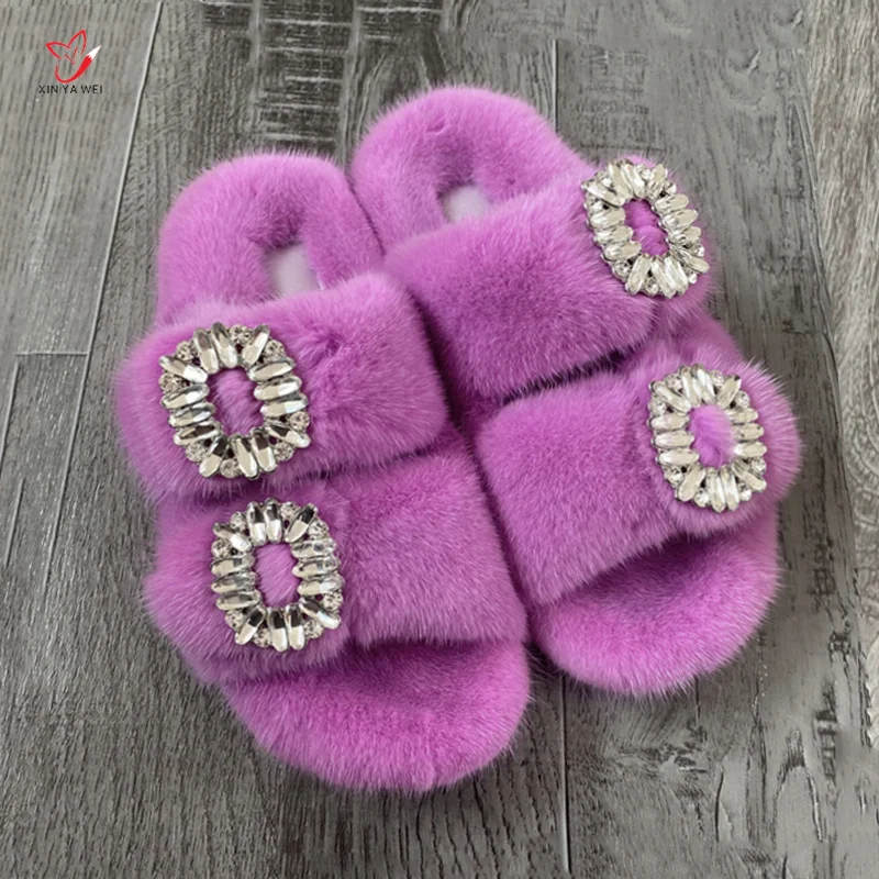 2024 Women's Fur Slippers Female100% Real Mink Fur Slippers European Station Ladies Flat Heel Women Shoes Fashion Luxury Slipper