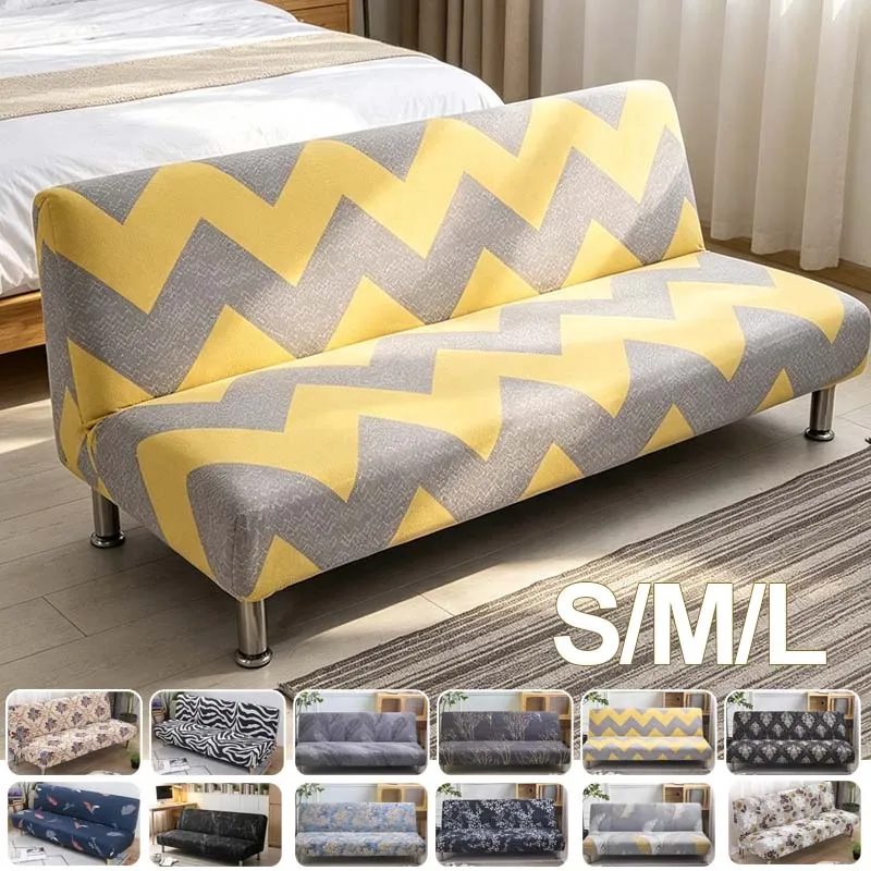 S/M/L Printed Stretch Folding Sofa Bed Cover Armless Anti-Slip Elastic Futon Slipcovers Removable Couch Covers for  Home Office