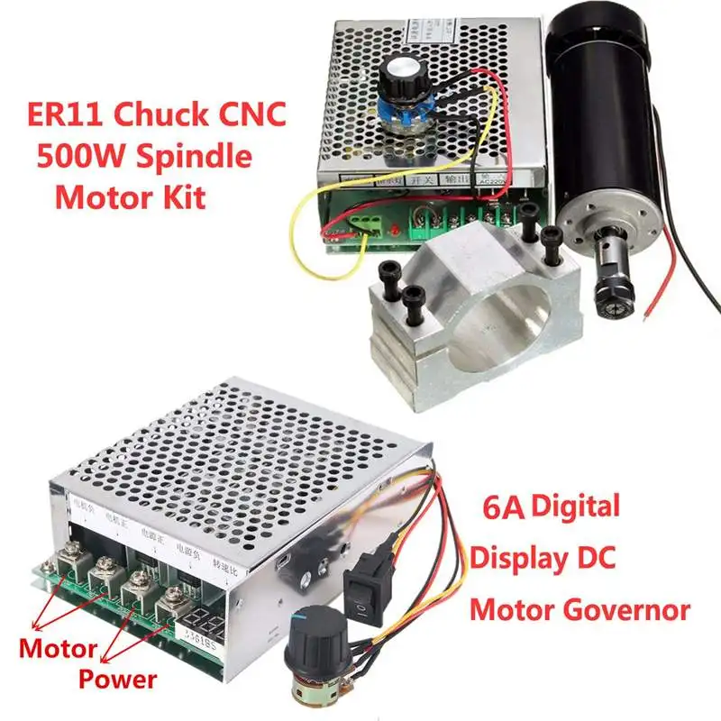 공랭식 스핀들 모터 키트, ER11 척, CNC DC 스핀들 모터, PCB 조각용 전원 공급 장치 속도 거버너, 500W 52mm 클램프
