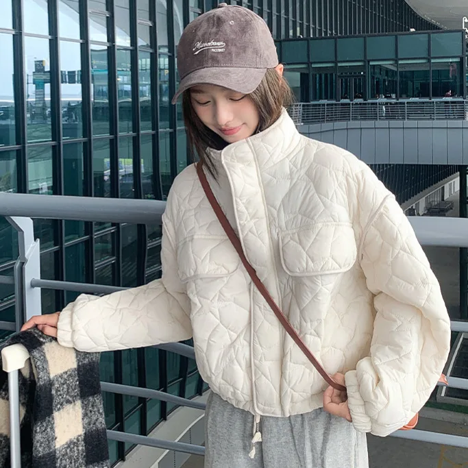 Abrigo de algodón, Chaqueta corta para mujer, chaquetas acolchadas acolchadas de invierno, Parkas, prendas de vestir exteriores, cuello levantado, bolsillos con cremallera, abrigo de oficina para mujer