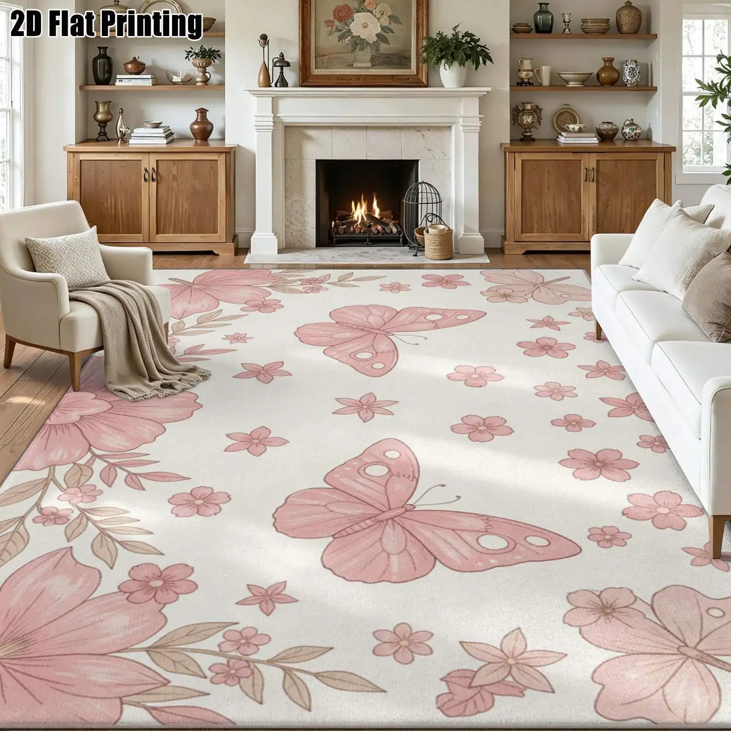 1Pc 2D Printed Carpet: Pink Flower & Butterfly Patterns, Nordic/Instagram/Modern Minimalist/European Style, Home Decor, Multiple Sizes, Machine Washable, Suitable for Entrance, Dining Room, Foyer, Living Room, Bedroom